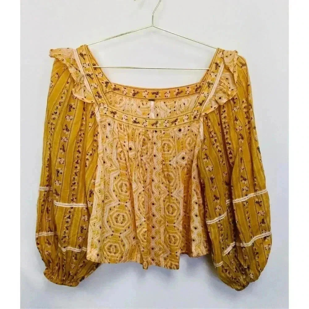 Free People Womens Yellow Mustard Floral Square Neck Ruffle Blouse Size Small
